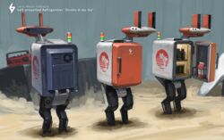  boombox can commentary drink_can english_text highres hozumi_sousei looking_ahead milk milk_carton monster_energy no_humans non-humanoid_robot open_door original radio refrigerator refrigerator_interior robot sand science_fiction signature soda_can standing 