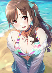  beach bikini blunt_bangs breasts brown_eyes brown_hair choker cleavage clothes_pull collarbone cowboy_shot day female hair_ribbon highres idolmaster idolmaster_shiny_colors jacket jacket_pull kagari_liroi layered_bikini long_hair lower_teeth_only medium_breasts multicolored_bikini multicolored_clothes neck_ribbon ocean open_mouth outdoors ribbon see-through see-through_sleeves side_ponytail smile solo sonoda_chiyoko swimsuit teeth unzipped upper_body water_drop wet white_bikini 