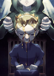  1boy blonde_hair blue_eyes chair crown daida empty_eyes female hood hood_up lolicon male_focus miranjo nikomi_(nikomix) open_hands ousama_ranking pouring prince short_hair sitting solo_focus spoilers 