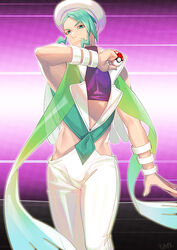  1boy aqua_vest bangle bracelet capelet closed_mouth commentary crop_top green_eyes green_hair hand_up hat holding holding_poke_ball jewelry kashi_kosugi male_focus pants poke_ball poke_ball_(basic) pokemon pokemon_oras purple_shirt shiny_skin shirt skin_tight sleeveless sleeveless_shirt solo swept_bangs turtleneck wallace_(pokemon) white_capelet white_hat white_pants 