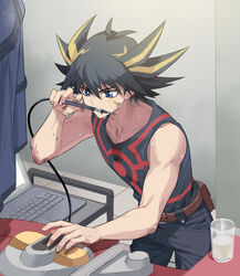  1boy black_hair blue_eyes cup fudo_yusei hair_between_eyes jacket jiayu_long machinery male_focus motor_vehicle motorcycle multicolored_hair shirt short_hair sleeveless sleeveless_shirt solo spiked_hair streaked_hair sweat unworn_jacket yu-gi-oh! yu-gi-oh!_5d&#039;s 