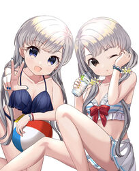  2girls ;o absurdres ball beachball bikini bikini_skirt blue_bikini blue_eyes blue_nails blush bottle bow braid braided_bangs breasts brown_eyes cleavage commentary_request earrings feet_out_of_frame frilled_bikini frills grey_hair hair_over_shoulder hands_up highres hisakawa_hayate hisakawa_nagi holding holding_bottle idolmaster idolmaster_cinderella_girls jewelry knees_up long_hair low_twintails medium_breasts multiple_girls nail_polish one_eye_closed parted_lips red_bow siblings simple_background sisters striped_bikini striped_clothes swimsuit twins twintails very_long_hair water_bottle white_background yata_(yatao_zzz) yellow_nails 