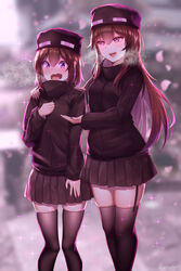  2girls ander_(at2.) black_legwear black_skirt blush borrowed_character commentary destinyplayer1 enderman english_commentary garter_straps highres long_hair long_sleeves looking_at_another minecraft multiple_girls open_mouth personification pleated_skirt purple_eyes purple_nails short_hair skirt smile thighhighs 