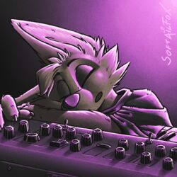  1:1 big_ears black_body black_clothing black_fur black_shirt black_topwear button_nose cheek_tuft closed_eyes clothing eyeshadow facial_tuft fluffy fluffy_ears fluffy_hair fur hair head_hair keyboard_instrument knobs makeup musical_instrument musician napping open_mouth pianist piano purple_background purple_glow purple_light shirt simple_background sleeping softailfox solo topwear tuft 