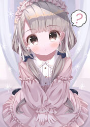  absurdres black_footwear blush bow braid dress earrings female flat_chest grey_eyes grey_hair hair_ribbon hairband hairbow hands_on_lap highres hisakawa_nagi idolmaster idolmaster_cinderella_girls jewelry kneeling looking_at_viewer nightgown pinafore_dress pink_dress pink_nightgown ribbon seiza simple_background single_braid sitting sleeveless sleeveless_dress solo twintails yata_(yatao_zzz) 