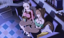  2girls :q absurdres animal_ears aqua_shirt bare_legs bare_shoulders blush book bra_strap breasts brown_eyes brown_hair bucket controller couch crop_top cropped_shirt food hair_intakes highres holding holding_bucket holding_controller ia_(ias1010) indoors large_breasts long_hair midriff multiple_girls off-shoulder_shirt off_shoulder original park_bokja pillow ponytail popcorn red_shirt riss shirt short_sleeves sitting slippers smile tail thighs tongue tongue_out white_hair 