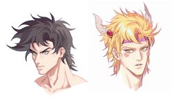  2boys battle_tendency blonde_hair brown_hair caesar_anthonio_zeppeli facial_mark feather_hair_ornament feathers green_eyes hair_ornament headband highres jojo_no_kimyou_na_bouken joseph_joestar joseph_joestar_(young) male_focus multiple_boys pickieeeee portrait protected_link serious simple_background triangle_print 