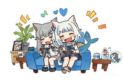  2girls :d ^_^ animal_ear_fluff animal_ears black_footwear bloop_(gawr_gura) blue_dress blue_hair brown_footwear cat_ears cat_girl cat_tail closed_eyes commentary couch cup dress eighth_note english_commentary fins fish_tail flying_sweatdrops gawr_gura gawr_gura_(casual) grey_hair heart holding hololive hololive_english indie_virtual_youtuber itsuki_tasuku long_hair long_sleeves mori_calliope mug multicolored_hair multiple_girls musical_note nachoneko ninomae_ina&#039;nis nintendo_switch notice_lines on_couch open_mouth photo_(object) picture_frame sandals shark_tail sharp_teeth shirt shrimp simple_background sitting sleeveless sleeveless_dress sleeves_past_wrists slippers smile socks streaked_hair table tail takanashi_kiara teeth v-shaped_eyebrows virtual_youtuber watson_amelia white_background white_shirt white_socks wide_sleeves 