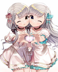  2girls absurdres blush brown_eyes dress grey_hair hair_ornament heart heart_hands heart_hands_duo highres hisakawa_hayate hisakawa_nagi idolmaster idolmaster_cinderella_girls idolmaster_cinderella_girls_starlight_stage looking_at_viewer multiple_girls one_eye_closed open_mouth pinafore_dress siblings simple_background sisters sleeveless sleeveless_dress thighs twins white_background white_dress white_hair yata_(yatao_zzz) yellow_eyes 