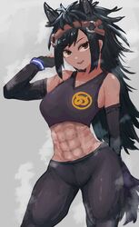  abs adeshi_(adeshi0693119) animal_costume animal_ear_fluff animal_ears black_eyes black_hair brown_thoroughbred_(kemono_friends) dark-skinned_female dark_skin elbow_gloves female gloves highres horse_ears horse_girl horse_tail kemono_friends kemono_friends_3 long_hair looking_at_viewer open_mouth pants shirt simple_background sleeveless sleeveless_shirt smile solo sweat tail toned toned_female 