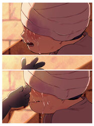  1boy bandaged_head bandages blush bojji crying from_side highres kage_(ousama_ranking) kigu_(n_upooo) lolicon male_focus ousama_ranking portrait scene_reference sequential short_hair solo_focus tears wiping_tears 