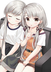  2girls absurdres belt black_skirt blush brown_eyes chair closed_eyes couch earrings eyes_visible_through_hair grey_hair hair_between_eyes highres hisakawa_hayate hisakawa_nagi idolmaster idolmaster_cinderella_girls jewelry long_hair multiple_girls open_mouth orange_overalls overall_shorts overalls shirt short_sleeves simple_background sitting skirt sleeping thighs twintails white_background white_hair white_shirt yata_(yatao_zzz) 