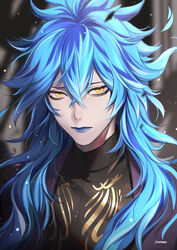  1boy absurdres artist_name black_eyeshadow blue_hair blue_lips crossed_bangs expressionless eyeshadow fiery_hair highres idia_shroud inanome_me light_particles lipstick makeup making-of_available male_focus sidelocks signature solo turtleneck twisted_wonderland yellow_eyes 