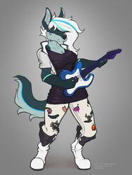  3:4 anthro canid canine canis clothed clothing crosswind digital_media_(artwork) female fox guitar hair handwear hi_res hybrid mammal musical_instrument playing_guitar playing_music plucked_string_instrument reaper3d smile solo string_instrument striped_hair white_clothing white_handwear wolf 