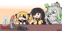  1other 2girls anniversary artist_name bad_id bad_twitter_id black_hair black_necktie blonde_hair blush_stickers braid brown_shirt chibi closed_eyes command_&amp;_conquer command_&amp;_conquer:_red_alert crystal english_commentary eyepatch girls&#039;_frontline gloves hair_between_eyes hair_tubes headphones headphones_around_neck highres inactive_account indoors jacket long_hair long_sleeves m16a1_(girls&#039;_frontline) mammoth_tank_(c&amp;c) metal_eyepatch military military_vehicle model_tank mole mole_under_eye monster motor_vehicle multicolored_hair multiple_girls necktie obelisk_of_light open_mouth orange_hair red_necktie scar scar_across_eye scar_on_face serjatronic shirt sidelocks skorpion_(girls&#039;_frontline) smile streaked_hair table tank tesla_coil tiberium twintails upper_body 