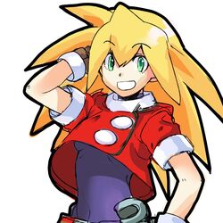  arm_behind_head blonde_hair breasts brown_gloves commentary_request cropped_jacket female gloves green_eyes grin hand_up jacket long_hair looking_at_viewer mega_man_(series) mega_man_legends_(series) red_jacket roll_caskett_(mega_man) samuraig short_sleeves simple_background smile solo spiked_hair white_background 