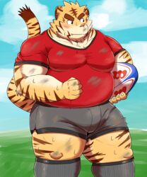  2022 5:6 anthro belly blush bodily_fluids bottomwear clothing cute_fangs felid hi_res humanoid_hands kemono male mammal mohumohudansi outside overweight overweight_male pantherine rugby rugby_ball shirt shorts solo sweat tiger topwear 