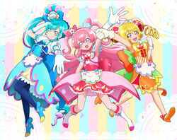  3girls :d ankle_bow apron arm_up armpits back_bow blonde_hair blue_bow blue_eyes blue_footwear blue_hair blue_legwear blue_skirt boots bow brooch bun_cover choker closed_mouth cone_hair_bun cure_precious cure_spicy cure_yum-yum delicious_party_precure detached_collar double_bun drill_hair earrings elbow_gloves frilled_skirt frills full_body fuwa_kokone gloves hair_bun hair_rings hairbow hanamichi_ran heart heart_brooch highres huge_bow jewelry knee_boots long_hair looking_at_viewer magical_girl multicolored_background multicolored_hair multiple_girls nagomi_yui official_style open_mouth orange_bow orange_footwear orange_skirt outstretched_hand pantyhose pink_bow pink_choker pink_hair pink_skirt precure purple_eyes red_eyes shoes skirt smile striped striped_bow tiler_(tiler00) twin_drills two-tone_hair white_footwear white_gloves 