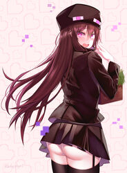  ander_(at2.) ass black_skirt black_thighhighs blush borrowed_character brown_hair commentary destinyplayer1 embarrassed enderman english_commentary female from_behind garter_straps highres long_hair long_sleeves looking_at_viewer minecraft open_mouth personification pleated_skirt purple_eyes skirt solo thighhighs 