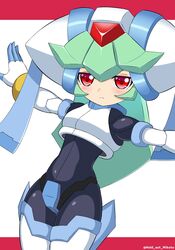  android blush bodysuit breasts closed_mouth commentary female gloves green_hair helmet highres long_hair looking_at_viewer mega_man_(series) mega_man_zx mega_man_zx_advent mikoto000813 mixed-language_commentary model_w_(mega_man) outstretched_arms pandora_(mega_man) red_eyes simple_background solo spread_arms twitter_username 