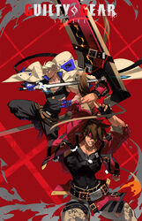  2boys absurdres belt black_belt black_gloves black_pants black_shirt black_tank_top blonde_hair blue_eyes blue_gloves brown_hair cape copyright_name cropped_jacket fingerless_gloves gaak11977 gloves grin guilty_gear guilty_gear_strive headband highres holding holding_sword holding_weapon jacket jewelry junkyard_dog_mk_iii ky_kiske long_hair multiple_boys muscular muscular_male necklace pants partially_fingerless_gloves pectorals red_background red_jacket shirt short_hair smile sol_badguy sword tank_top thunderseal weapon white_cape white_pants 