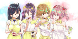  4girls ahoge akebono_(kancolle) bandaid bandaid_on_cheek bandaid_on_face bell blue_hair breasts brown_eyes brown_hair buttons choker closed_eyes commission flower food hair_bell hair_between_eyes hair_bobbles hair_flower hair_ornament highres holding holding_spoon jingle_bell kantai_collection long_hair long_sleeves matsutani multiple_girls oboro_(kancolle) official_alternate_costume open_mouth pink_eyes pink_hair ponytail purple_hair sazanami_(kancolle) shirt short_hair short_sleeves short_twintails side_ponytail simple_background skeb_commission skirt spoon twintails upper_body ushio_(kancolle) white_shirt yellow_skirt 