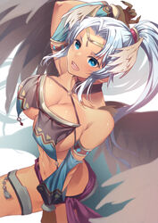  arm_up armlet blue_eyes breasts circlet cleavage cocoa_(cafe-hotcocoa) dark-skinned_female dark_skin detached_sleeves female fingernails grey_hair head_wings large_breasts long_hair looking_at_viewer navel ponytail rhyno_(sennen_sensou_aigis) sennen_sensou_aigis sharp_fingernails solo thighlet wings 