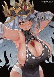  armpits bandaged_arm bandages black_dress braid breasts cleavage dress female grey_hair headgear highres huge_breasts jewelry kahill korean_text long_hair looking_at_viewer necklace original pelvic_curtain selfie side_braid simple_background sleeveless sleeveless_dress solo very_long_hair yellow_eyes 