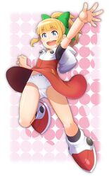  :d arm_up blonde_hair blue_eyes blunt_bangs bow bow_panties commentary_request dress female full_body green_bow hairbow happy highres long_hair looking_at_viewer mega_man_(classic) mega_man_(series) open_mouth panties ponytail qome red_dress red_skirt roll_(mega_man) skirt smile solo teeth underwear upper_teeth_only white_panties 