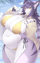  4_fingers anthro belly big_breasts bikini bikini_bottom bikini_top blush breasts bulging_breasts cleavage clothed clothing day female fingers fur hair hi_res huge_breasts huluba kemono long_hair mammal multicolored_body multicolored_fur navel outside overweight overweight_anthro overweight_female portrait purple_body purple_fur purple_hair side-tie_bikini side-tie_clothing side-tie_swimwear solo standing string_bikini swimwear thick_thighs three-quarter_portrait tsukiyo unknown_species white_body white_fur wide_hips yellow_bikini_bottom yellow_bikini_top yellow_clothing yellow_eyes yellow_swimwear 