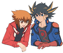  2boys black_hair blue_eyes brown_eyes brown_hair cropped_torso duel_academy_uniform_(yu-gi-oh!_gx) fudo_yusei hair_between_eyes jacket jiayu_long male_focus multicolored_hair multiple_boys open_clothes open_jacket short_hair sidelocks smile spiked_hair two-tone_hair yu-gi-oh! yu-gi-oh!_5d&#039;s yu-gi-oh!_gx yuki_judai 