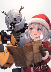  belt belt_buckle blue_eyes blush buckle christmas fake_antlers female gloves hat highres holding kin&#039;iro_dojo long_hair looking_at_object map mecha open_mouth original revision robot santa_costume santa_hat simple_background smile solo tied_hair white_hair 