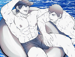  2boys abs adventurer_(ff14) ardbert_hylfyst bara baseball_cap facial_hair final_fantasy final_fantasy_xiv hat highres hyur innertube large_pectorals looking_at_another male_focus male_swimwear multiple_boys muscular muscular_male navel nipples open_mouth partially_submerged pectorals scar scar_across_eye scar_on_face short_hair smile swim_ring topless_male warrior_of_light_(ff14) water yomotsuki_road 