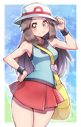  armpits bag black_wristband blue_shirt border brown_eyes brown_hair bucket_hat closed_mouth commentary female hair_flaps hand_on_own_hip hand_up hat highres leaf_(pokemon) long_hair looking_at_viewer messenger_bag pleated_skirt pokemon pokemon_frlg red_skirt shirt shoulder_bag skirt sleeveless sleeveless_shirt smile solo thighs vs_seeker white_border white_hat wristband yasu_suupatenin yellow_bag 