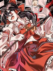  angry armpits ascot black_background black_hair blush bow brown_hair collar detached_sleeves female frilled_bow frilled_hair_tubes frills gohei hair_tubes hairbow hakurei_reimu highres medium_hair moon navel nontraditional_miko open_mouth red_bow red_eyes red_shirt red_skirt ribbon-trimmed_sleeves ribbon_trim sarashi shirt sidelocks skirt skirt_set sleeveless solo sutaku77224 touhou white_collar wide_sleeves yellow_ascot 