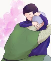  1boy aboutama affectionate apis_(ousama_ranking) buzz_cut comforting female floral_background from_above grey_hair heads_together hug miranjo ousama_ranking short_hair upper_body very_short_hair 