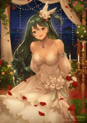  :d arms_behind_back artist_name bare_shoulders blue_eyes breasts candle candlestand cleavage collarbone commentary detached_sleeves dragalia_lost dress earrings english_commentary female fire flower green_hair hair_between_eyes hair_flower hair_ornament head_tilt hentaki highres indoors jewelry long_hair long_sleeves looking_at_viewer medium_breasts night night_sky odetta_(dragalia_lost) one_side_up open_mouth pendant petals pink_flower pink_rose puffy_long_sleeves puffy_sleeves red_flower red_rose rose shooting_star sky smile solo star_(sky) starry_sky strapless strapless_dress teeth upper_teeth_only very_long_hair watermark web_address wedding_dress white_dress white_flower white_rose white_sleeves yellow_flower yellow_rose 