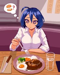  ahoge blue_hair bright_pupils broccoli closed_mouth collared_shirt commentary egg_(food) endless_monday:_dreams_and_deadlines english_commentary female food fork glass hamburger_steak hcnone highres holding holding_fork knife looking_down original paper_towel pixel_art red_eyes rice shirt skye_(hcnone) sleeves_rolled_up solo table thinking thought_bubble upper_body water white_pupils white_shirt wooden_table 