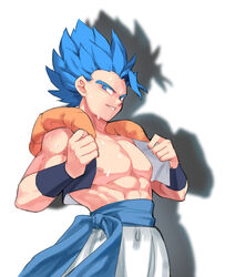  1boy abs bara bare_pectorals blue_hair cowboy_shot cropped_jacket dragon_ball dragon_ball_super dragon_ball_super_broly gogeta jacket jiayu_long large_pectorals male_focus metamoran_vest muscular muscular_male nipples open_clothes open_jacket pectorals short_hair smile solo spiked_hair stomach super_saiyan super_saiyan_blue sweat 