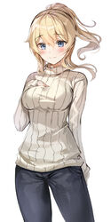  absurdres alternate_costume bad_id bad_pixiv_id black_pants blonde_hair blue_eyes blush breasts casual closed_mouth contemporary cowboy_shot denim female genshin_impact hand_on_own_chest harusame_(user_wawj5773) highres jean_(genshin_impact) jeans long_hair long_sleeves looking_at_viewer medium_breasts pants ponytail sidelocks simple_background sleeves_past_wrists smile solo sweater white_background white_sweater 