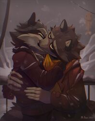  2023 anthro biped blush closed_eyes clothed clothing detailed_background duo hi_res howard_lotor hug kissing larry_(tails_noir) love male male/male mammal outside procyonid raccoon romantic scarf srfennec sweater tails_noir topwear 