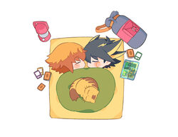  2boys bag black_hair blue_eyes brown_eyes brown_hair card chibi chinese_commentary commentary_request fudo_yusei hair_between_eyes jiayu_long lamp male_focus map multicolored_hair multiple_boys pharaoh_(cat) shared_blanket short_hair sidelocks sleeping spiked_hair two-tone_hair white_background yaoi yu-gi-oh! yu-gi-oh!_5d&#039;s yu-gi-oh!_gx yuki_judai 