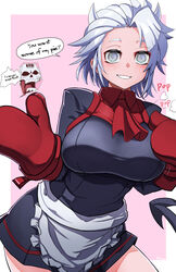  1boy apron barcode blind blush breasts contrapposto demon_boy demon_girl demon_horns female fujioka_yatsufusa helltaker highres horns justice_(helltaker) large_breasts looking_at_viewer neckerchief outstretched_arms oven_mitts pink_background pun red_neckerchief red_shirt shirt short_hair skull smile solo_focus subject_67_(helltaker) tail upper_body white_hair white_horns 