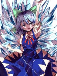  arm_up blue_dress blue_eyes blue_hair blush bow breasts cirno collared_shirt commentary dress fairy_wings female flat_chest green_bow hair_between_eyes hairbow ice ice_wings long_dress looking_at_viewer neck_ribbon open_mouth pinafore_dress puffy_short_sleeves puffy_sleeves red_ribbon ribbon shirt short_hair short_sleeves simple_background sleeveless sleeveless_dress small_breasts smile solo sutaku77224 tongue touhou v-shaped_eyebrows white_background white_shirt wings 