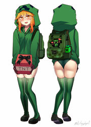  absurdres ass backpack bag black_footwear black_gloves blush borrowed_character commentary creeparka creeper cupa_(at2.) destinyplayer1 english_commentary explosive female full_body gloves green_hoodie green_legwear green_panties highres hood hood_up hoodie long_sleeves looking_at_viewer minecraft multiple_views open_mouth orange_eyes orange_hair panties personification smile thighhighs tnt tnt_block_(minecraft) underwear 