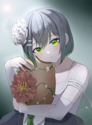  absurdres arch_a4 blush breasts cleavage colored_inner_hair detached_sleeves dress female flower green_eyes green_hair grey_hair hair_flower hair_ornament head_hug highres looking_at_viewer medium_breasts multicolored_hair plant red_flower short_hair solo two-tone_hair viichan vines virtual_youtuber waktaverse white_dress white_flower white_sleeves 