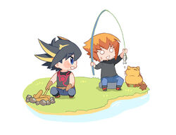  2boys black_hair blue_eyes brown_eyes brown_hair chibi chinese_commentary commentary_request denim feline fishing fudo_yusei gloves hair_between_eyes jeans jiayu_long male_focus multicolored_hair multiple_boys pants pharaoh_(cat) short_hair sidelocks sleeveless spiked_hair two-tone_hair white_background yu-gi-oh! yu-gi-oh!_5d&#039;s yu-gi-oh!_gx yuki_judai 