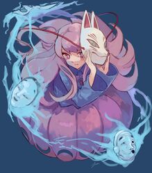  absurdres bad_id bad_pixiv_id blue_background blue_shirt bow bowtie bright_pupils bubble_skirt buttons chishibuki_hiyoko closed_mouth commentary_request energy expressionless female floating_hair fox_mask glowing hair_spread_out hands_up hannya hata_no_kokoro highres holding holding_mask hyottoko_mask long_hair long_sleeves looking_at_viewer mask mask_on_head noh_mask oni_mask pink_eyes pink_hair pink_skirt purple_bow purple_bowtie shirt simple_background skirt solo star_(symbol) tassel touhou very_long_hair white_pupils wide_sleeves 