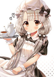  absurdres apron blush breasts brown_hair female hair_ribbon highres hisakawa_nagi idolmaster idolmaster_cinderella_girls long_hair looking_at_viewer maid maid_apron maid_headdress ribbon simple_background sitting small_breasts solo twintails white_background white_hair yata_(yatao_zzz) 