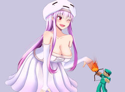  1boy bare_shoulders borrowed_character box_body breasts cleavage collarbone commentary destinyplayer1 dress elbow_gloves english_commentary female fingerless_gloves ghast gloves large_breasts looking_at_another minecraft mole mole_under_eye off-shoulder_dress off_shoulder one_eye_closed personification pink_hair red_eyes white_dress white_gloves 